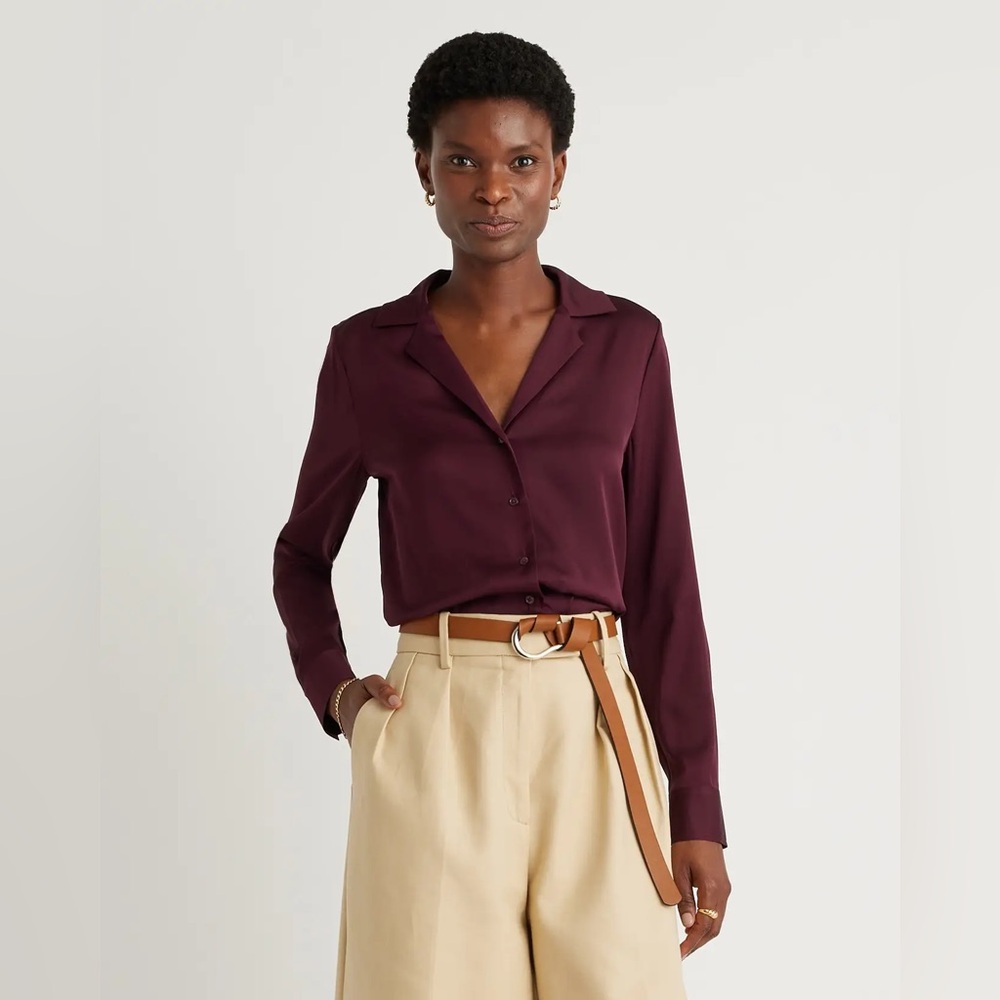 Quince Washable Stretch Silk Notch Collar Blouse Small (S), Wine Tasting Color